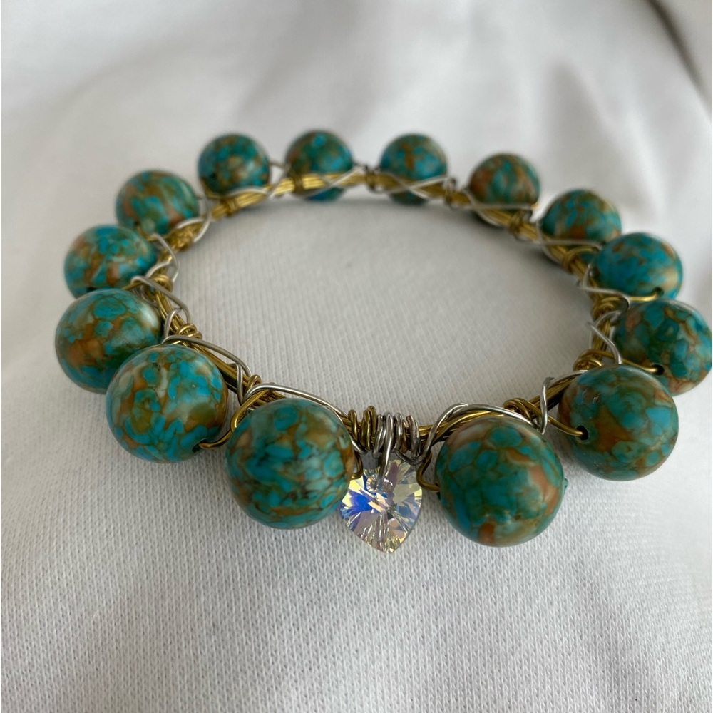 NEW Handcrafted Turquoise Round Bead/Stone Wire Wrapper Bracelet